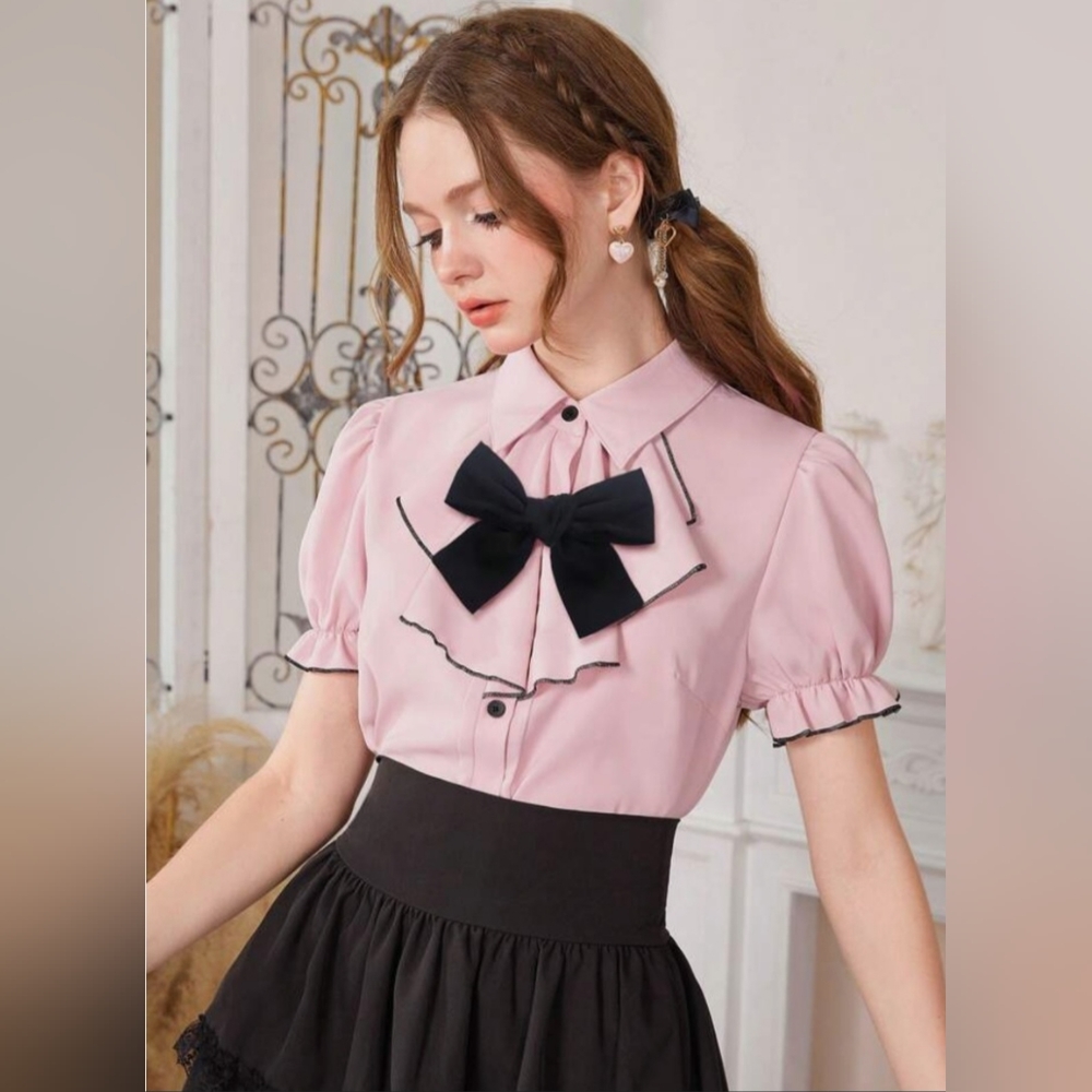 SHEIN Pale Pink with Black Contrast Binding Bow Front Puff Sleeve Size S